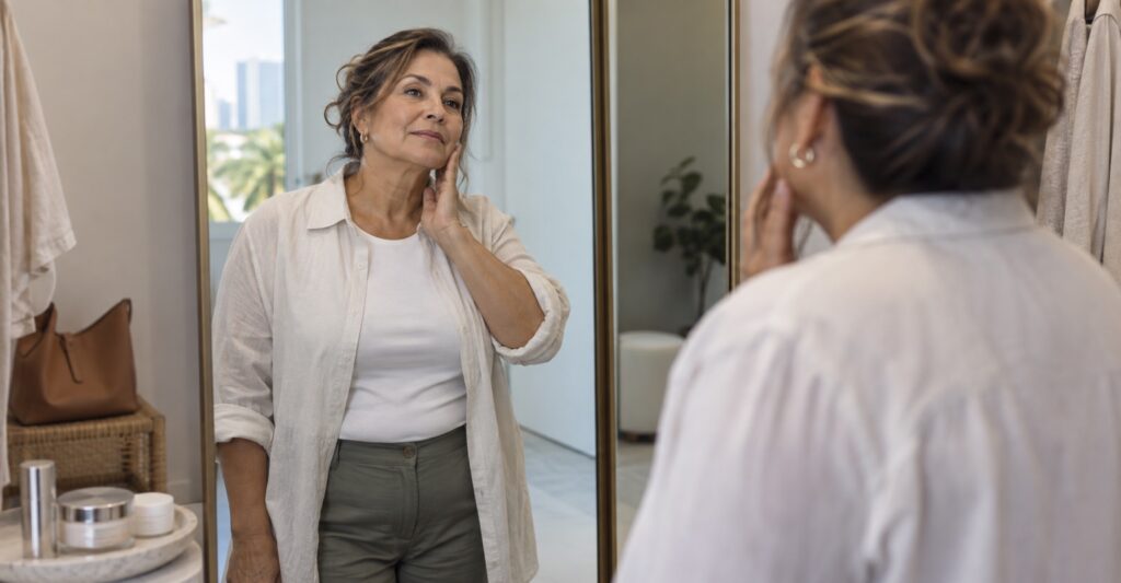 Adult woman considering skin rejuvenation and resurfacing in a Miami fitting room