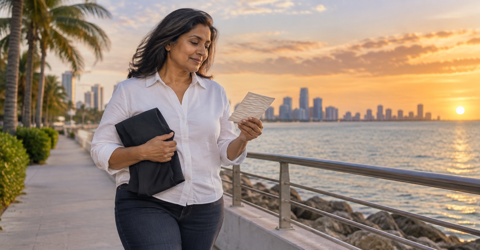 Adult woman considering Cellfina cellulite treatment on an oceanfront Miami promenade
