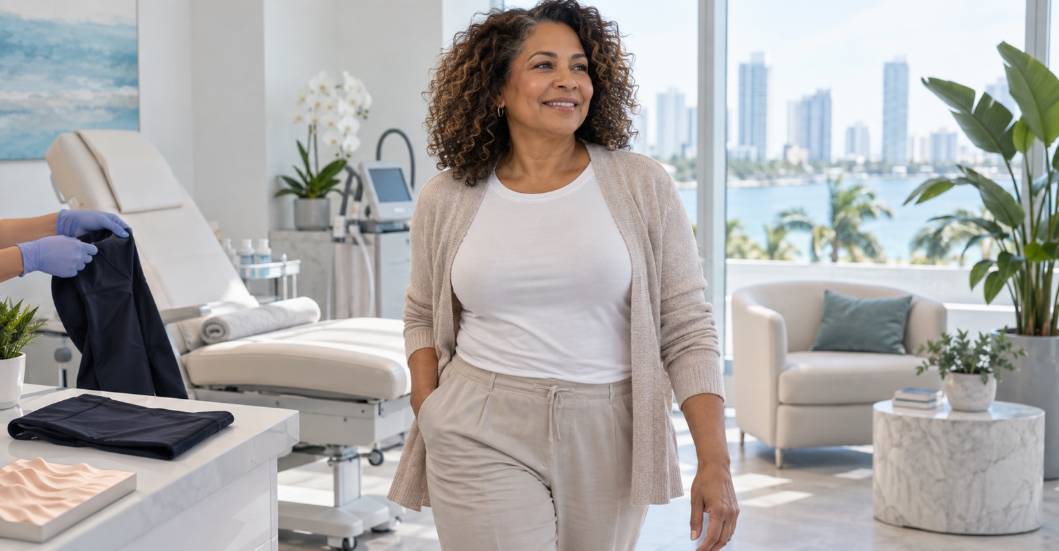 Adult woman following a recovery routine after Cellfina cellulite treatment in a bright Miami consultation studio