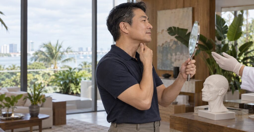 Adult man considering realistic outcomes for neck lift in a Coconut Grove loft