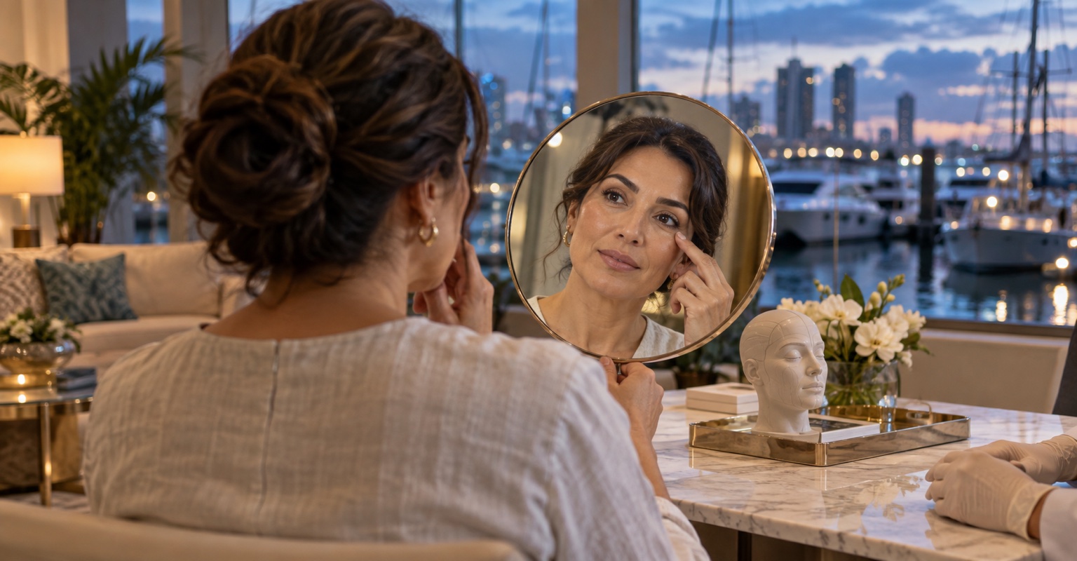 Adult woman considering realistic outcomes for eyelid and under-eye surgery in a Biscayne Bay marina lounge
