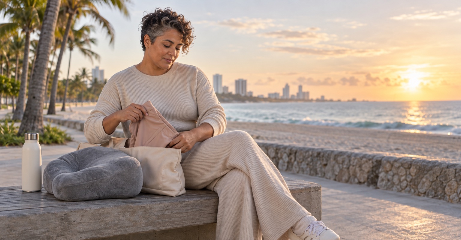Nonbinary adult following a recovery routine after gluteal contouring on the South Beach boardwalk