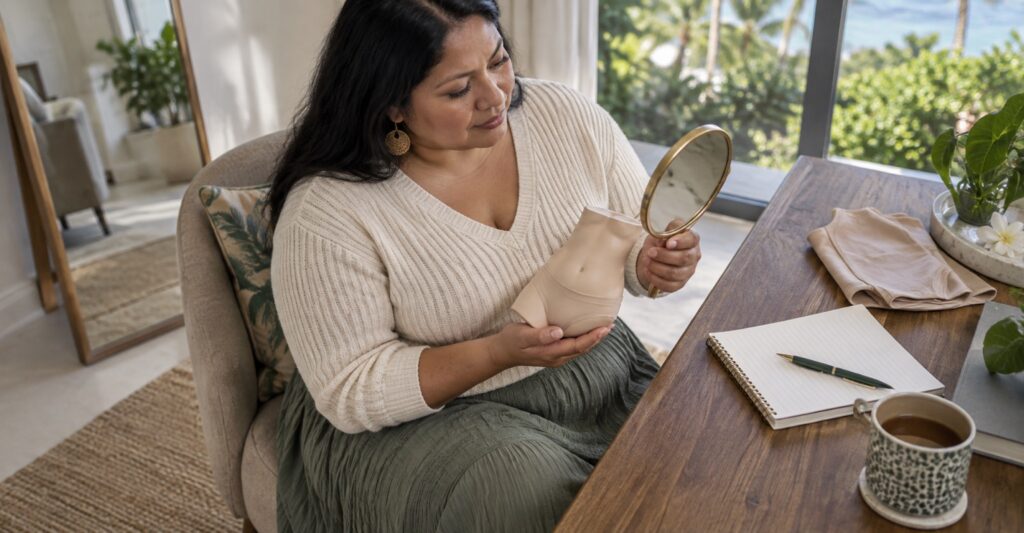 Adult woman considering candidacy for tummy tuck in a Key Biscayne home office