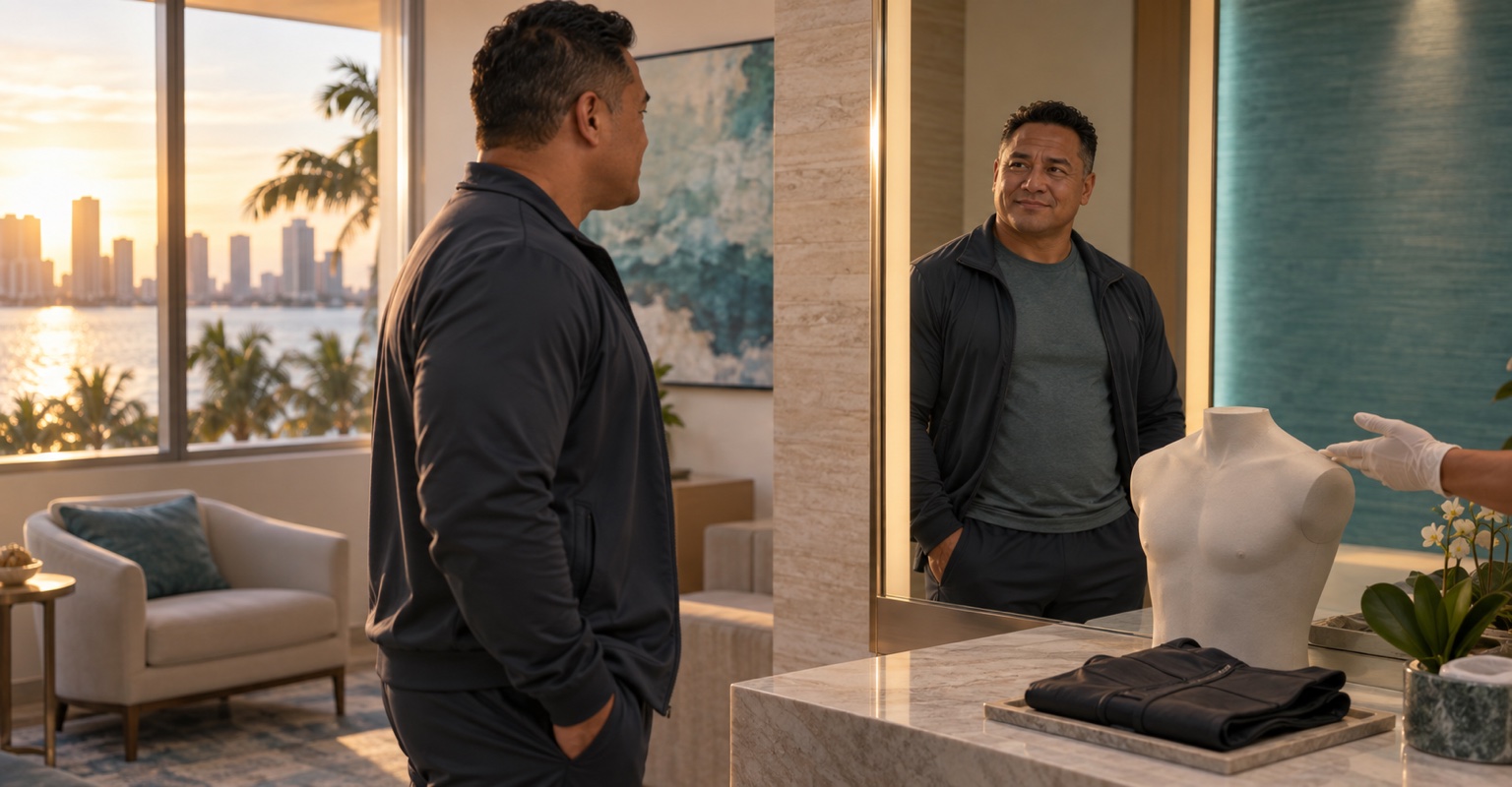 Adult man considering realistic outcomes for gynecomastia treatment in a Miami spa consultation room
