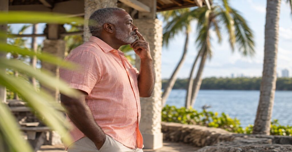 Mature Afro-Caribbean man considering nasal profile and airflow at Matheson Hammock Park