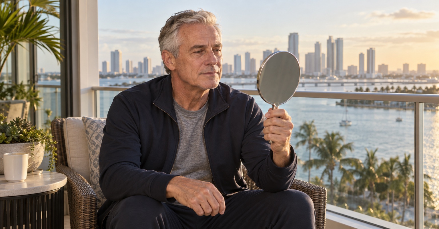 Adult man considering eyelid and under-eye surgery on a Biscayne Bay balcony