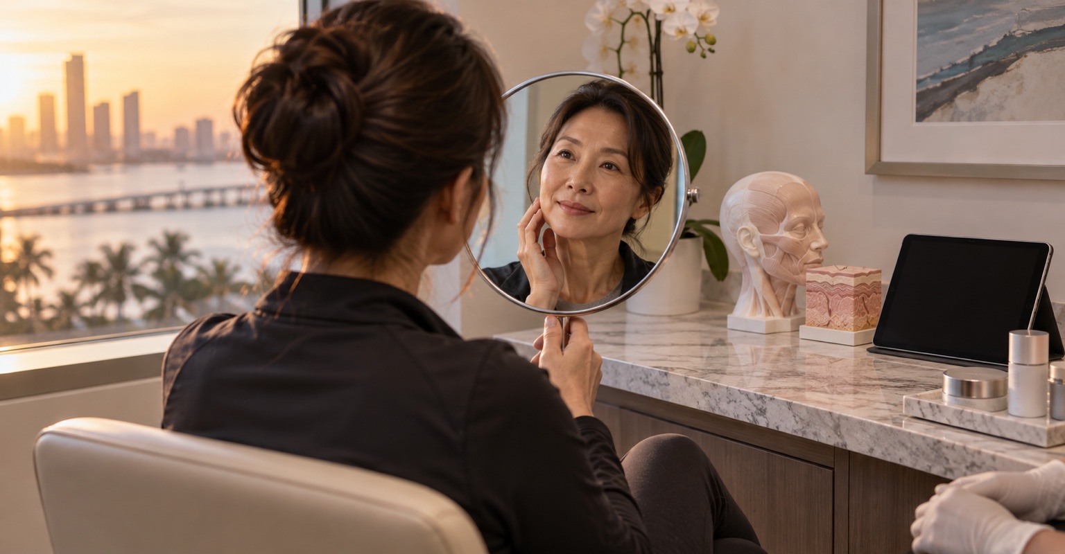 Adult woman considering realistic outcomes for skin rejuvenation and resurfacing in a private Miami consultation alcove