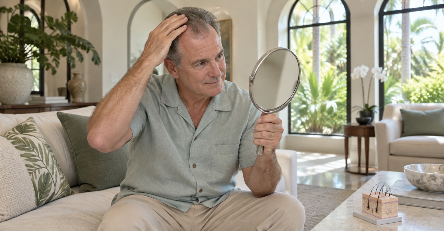 Adult man considering realistic outcomes for hair restoration in a Coral Gables living room
