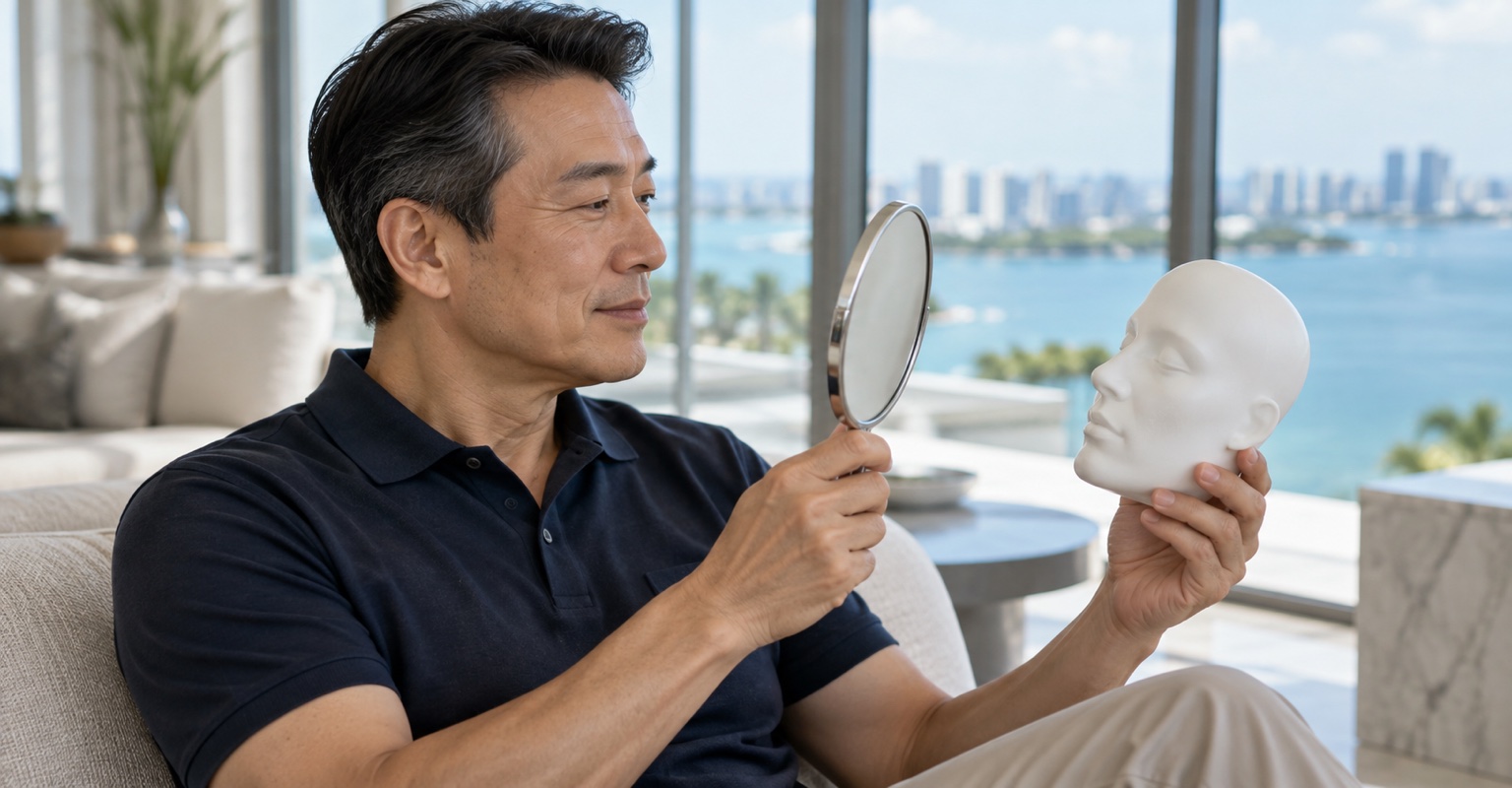 Adult man learning about wrinkle-relaxer treatment in a Bay Harbor apartment
