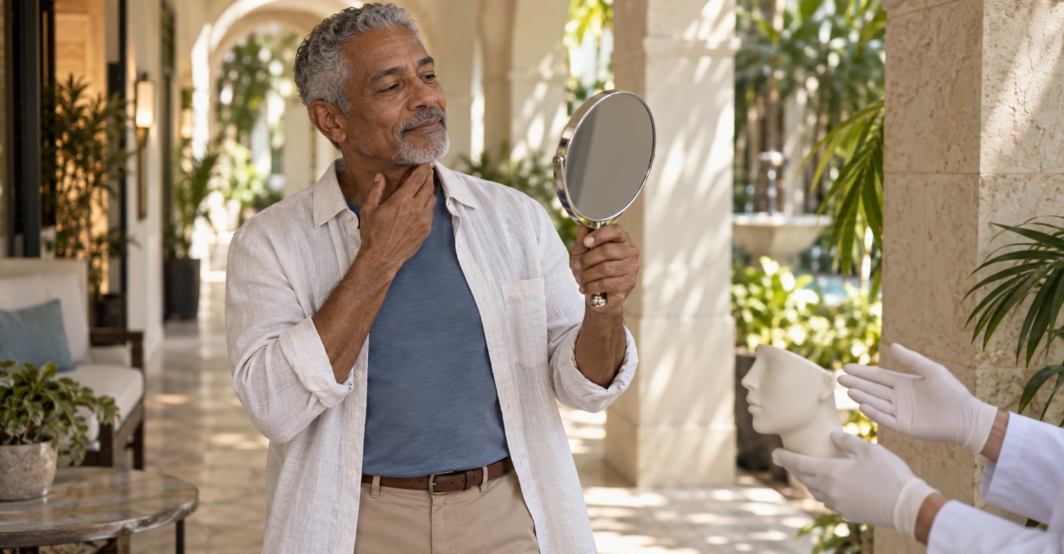 Adult man considering realistic outcomes for facelift on a tropical Miami walkway