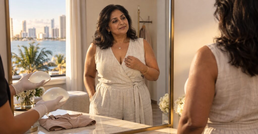 Adult woman preparing for breast augmentation in a Miami fitting room