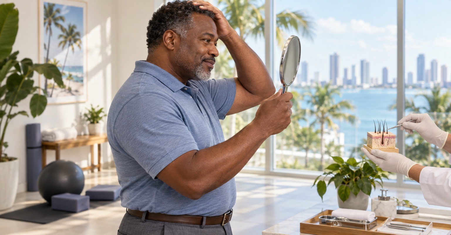 Adult man considering realistic outcomes for hair restoration in a Miami recovery studio