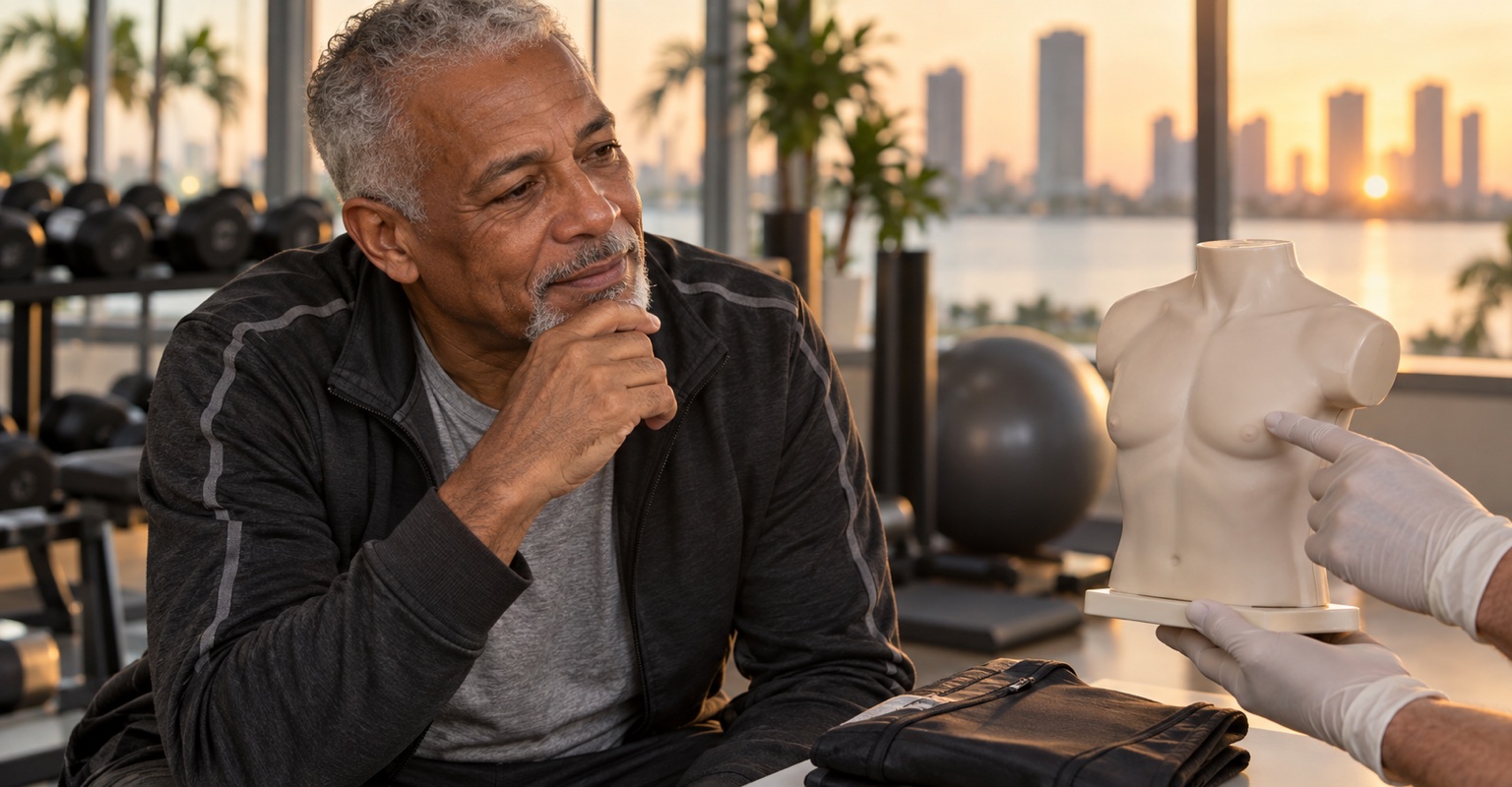 Adult man considering gynecomastia treatment in a Miami wellness studio
