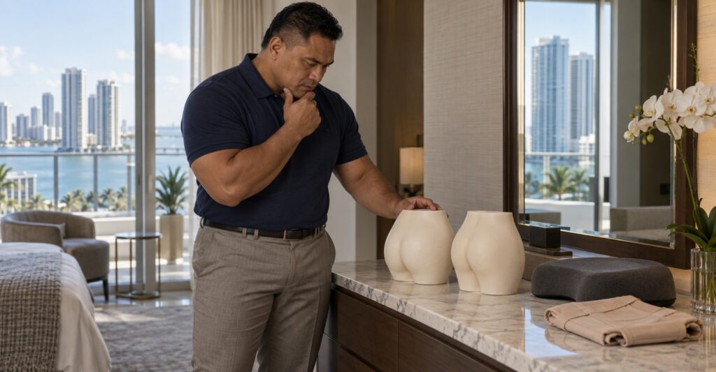 Adult man comparing options for gluteal contouring in a Brickell dressing area