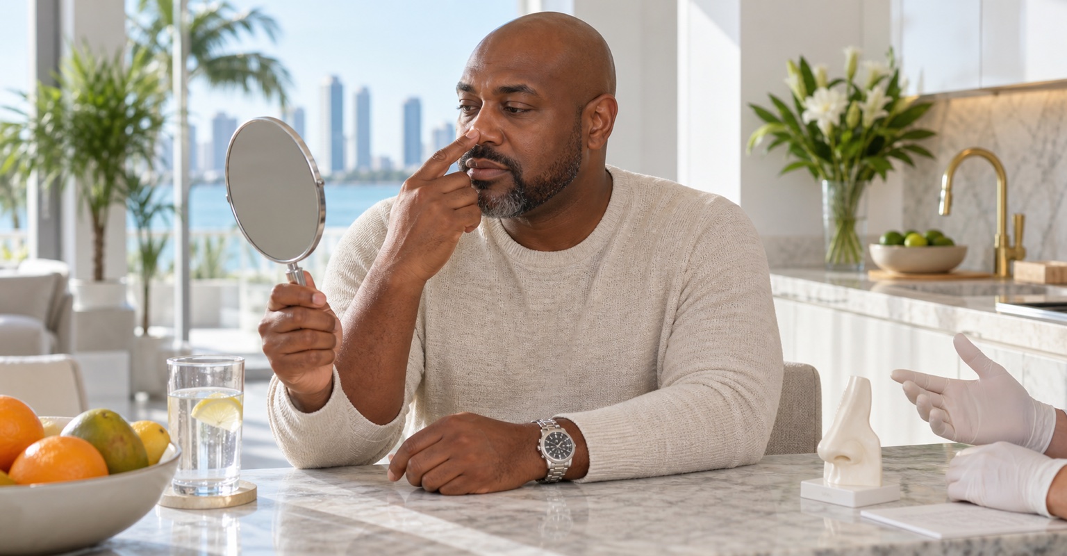 Adult man considering rhinoplasty and nasal surgery in a sunlit Miami kitchen