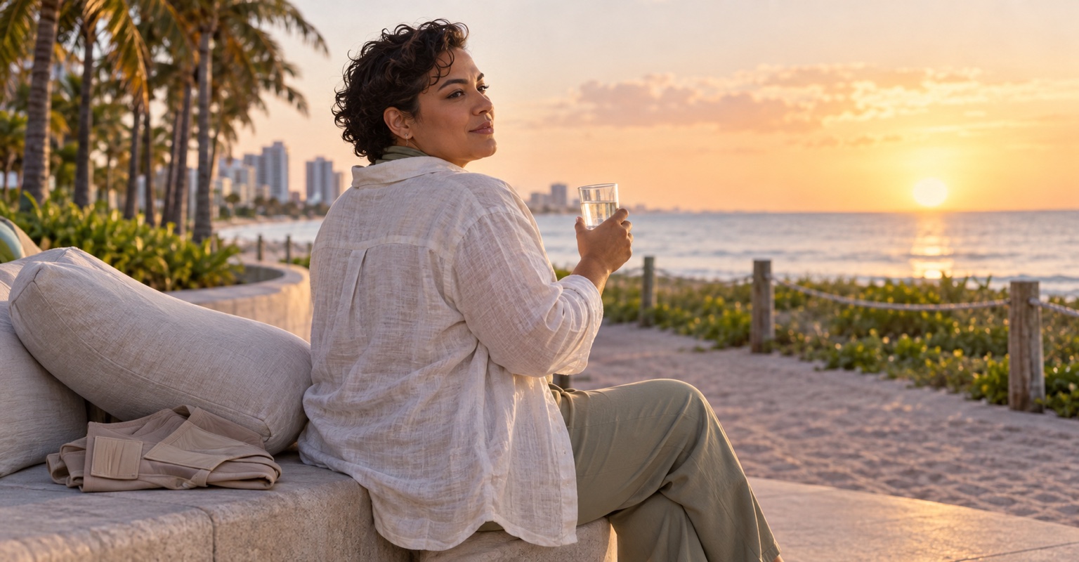 Nonbinary adult following a recovery routine after tummy tuck on the South Beach boardwalk