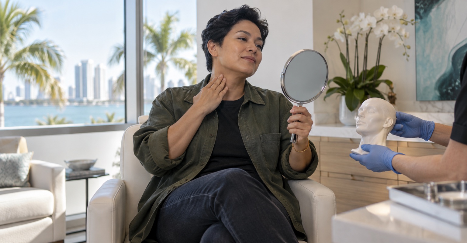 Nonbinary adult considering realistic outcomes for neck lift in a bright Miami consultation studio