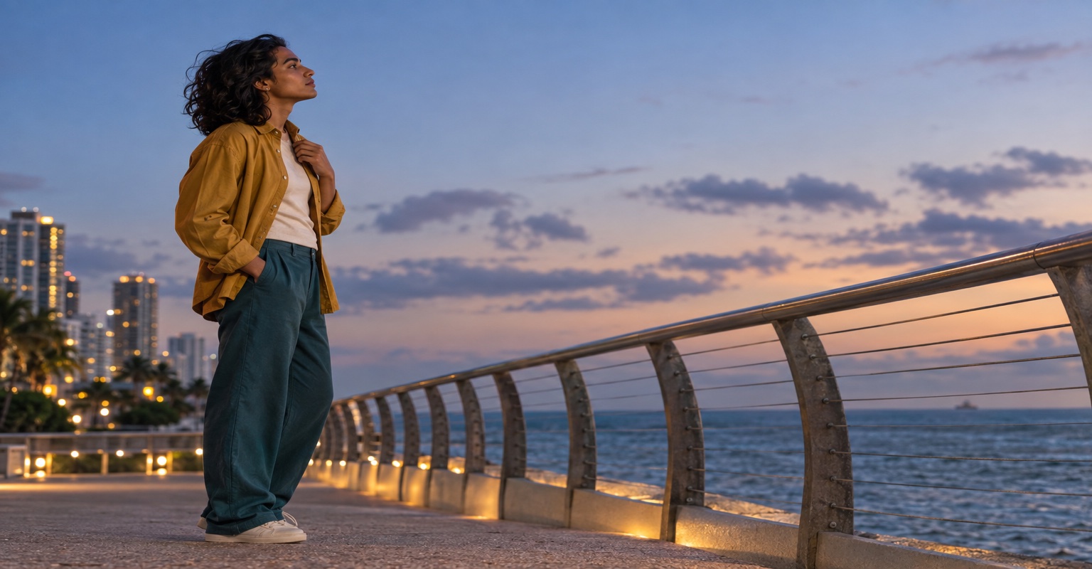 South Asian adult considering chin balance on the South Pointe Park promenade at dusk