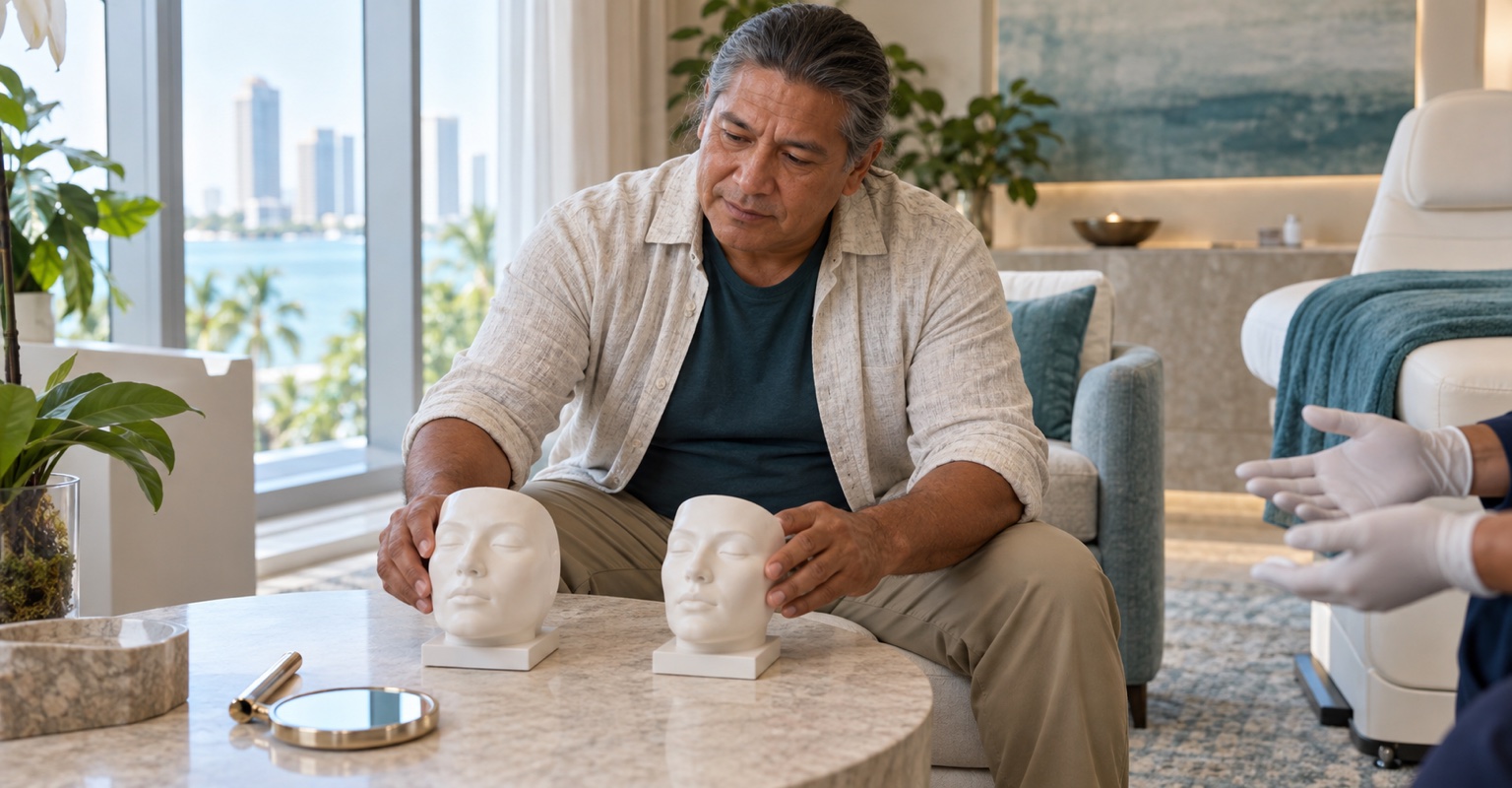 Adult man comparing options for brow lift in a Miami spa consultation room