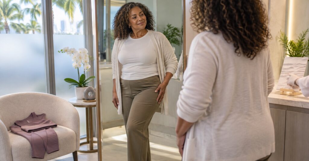 Adult woman considering the timeline of Cellfina cellulite treatment in a Miami consultation suite