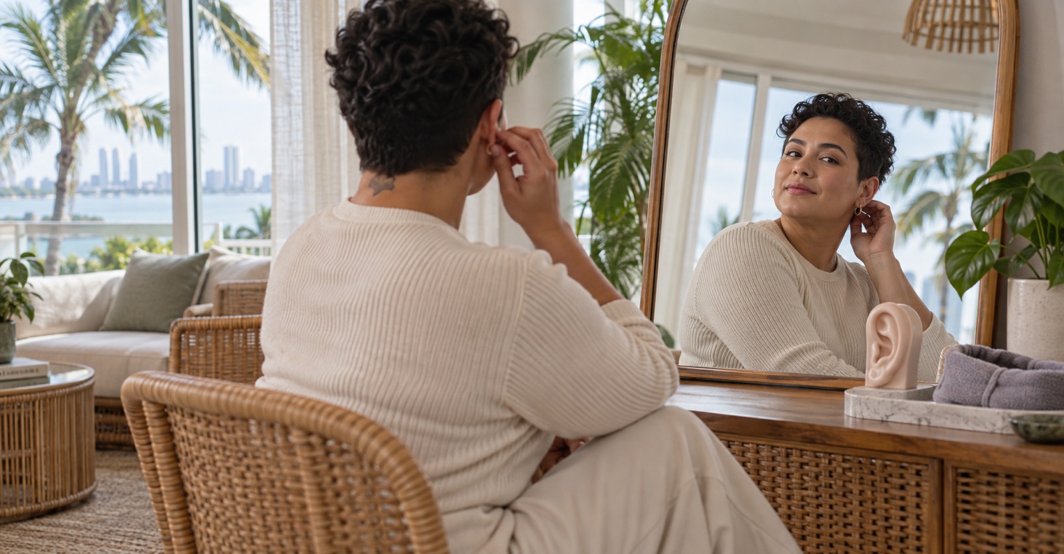 Nonbinary adult considering the timeline of otoplasty in a tropical Miami sunroom