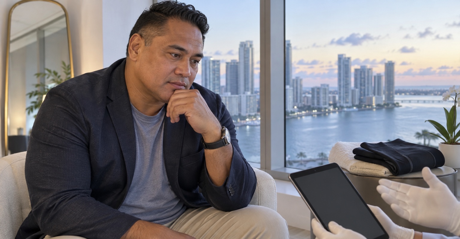Adult man planning for liposuction and body contouring in a Brickell consultation room