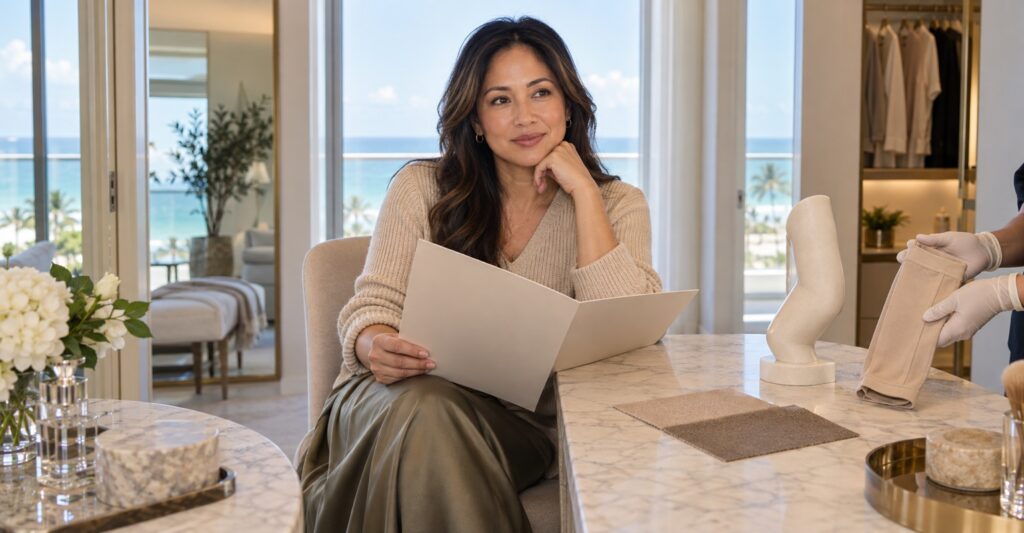 Adult woman planning for arm lift in a Miami Beach dressing area