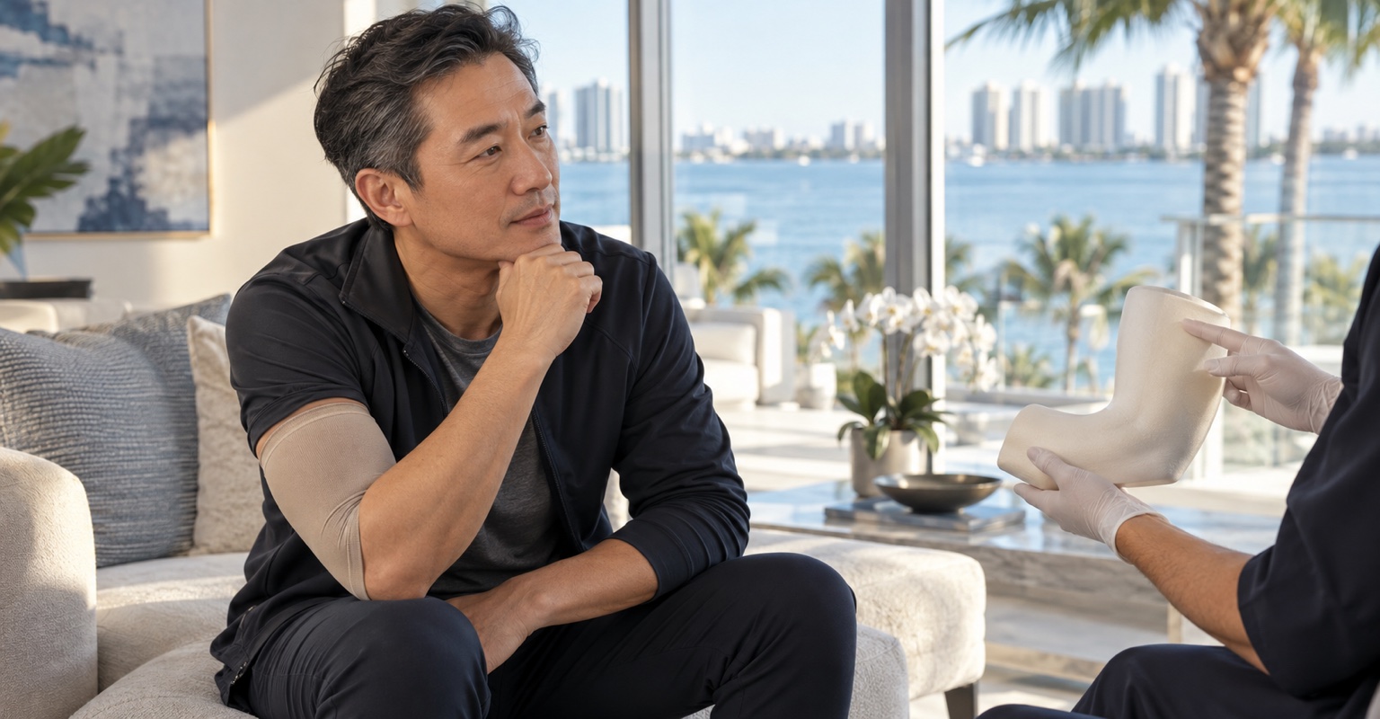 Adult man considering realistic outcomes for arm lift in a Bay Harbor apartment