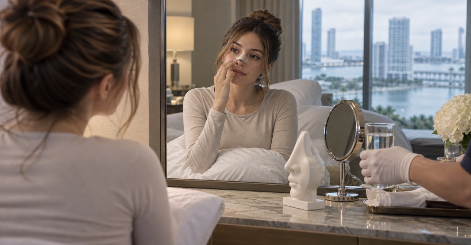 Adult woman following a recovery routine after rhinoplasty and nasal surgery in a Brickell dressing area