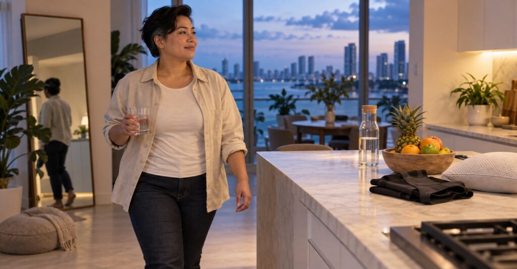 Nonbinary adult following a recovery routine after liposuction and body contouring in a sunlit Miami kitchen
