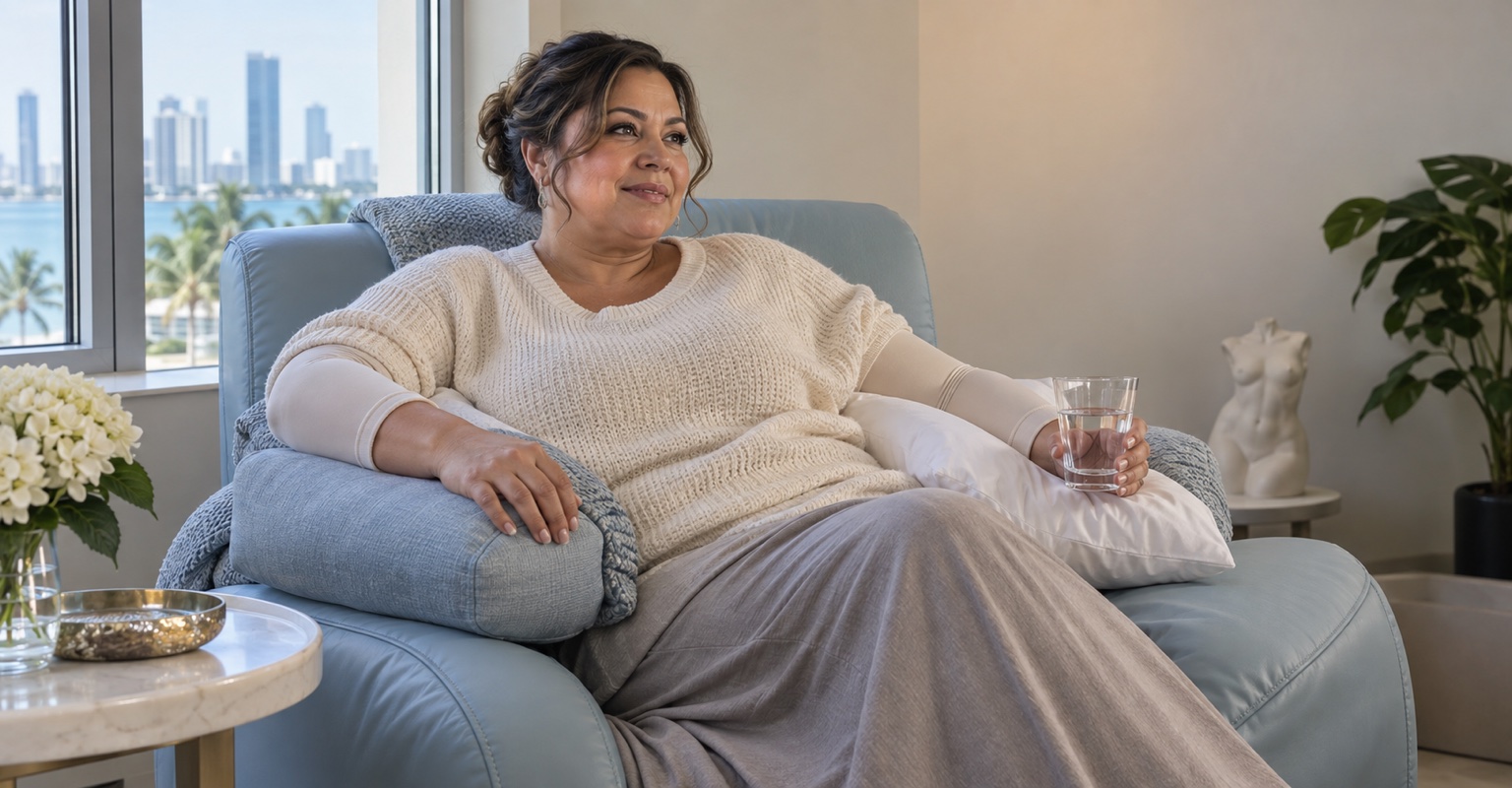 Adult woman following a recovery routine after arm lift in a Miami recovery lounge