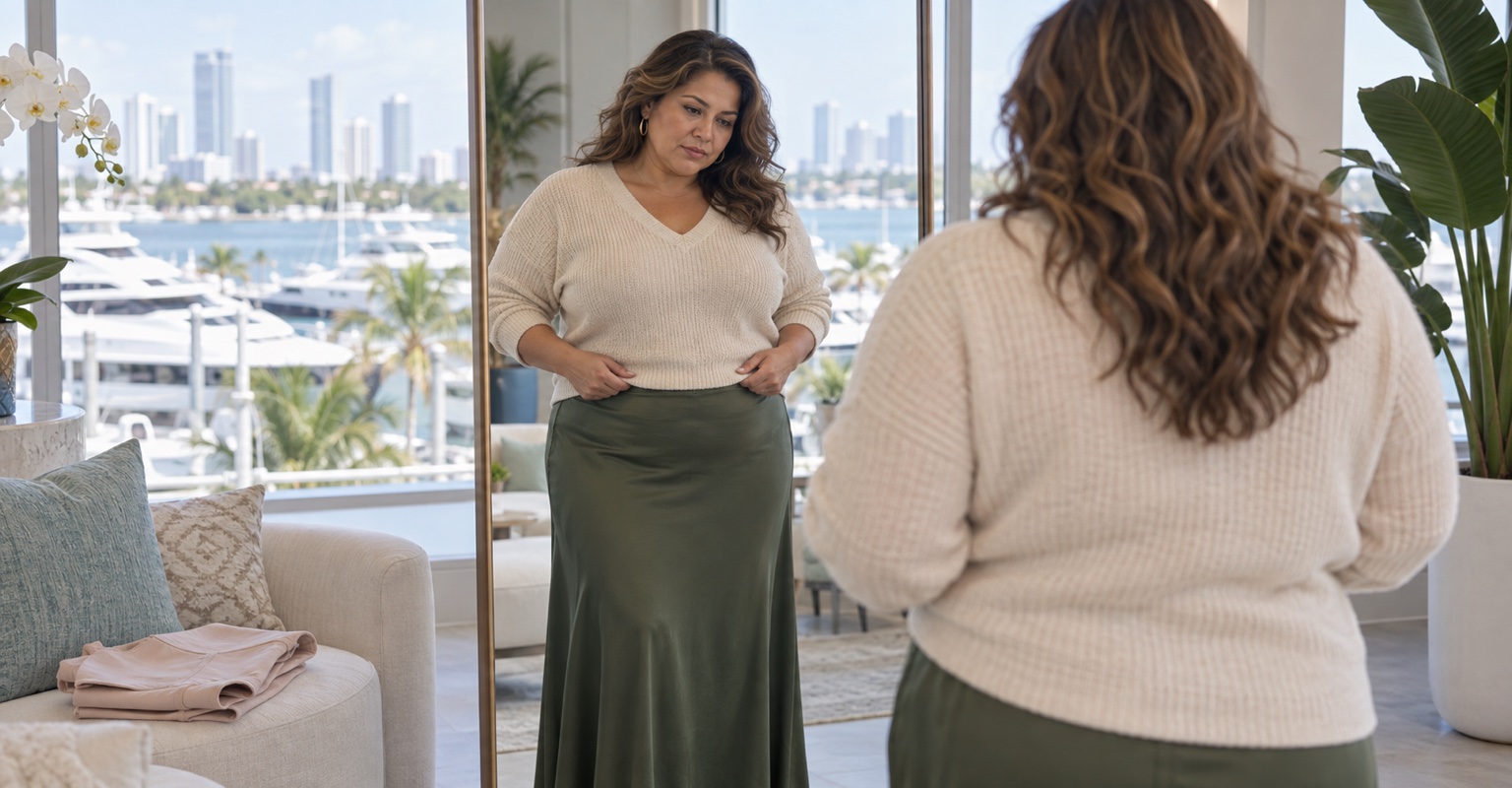 Adult woman considering tummy tuck in a Biscayne Bay marina lounge