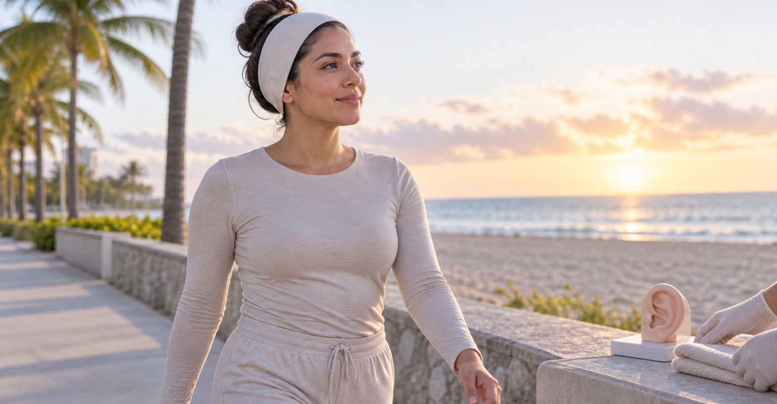 Adult woman following a recovery routine after otoplasty on the South Beach boardwalk