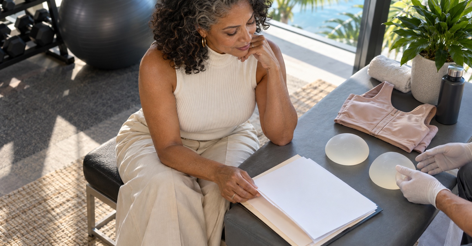 Adult woman reviewing safety considerations for breast implant removal and implant health in a Miami wellness studio