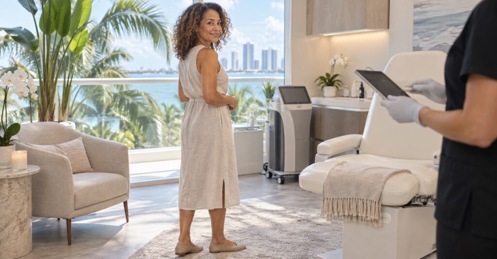 Adult woman considering realistic outcomes for non-surgical vaginal rejuvenation in a bright Miami consultation studio