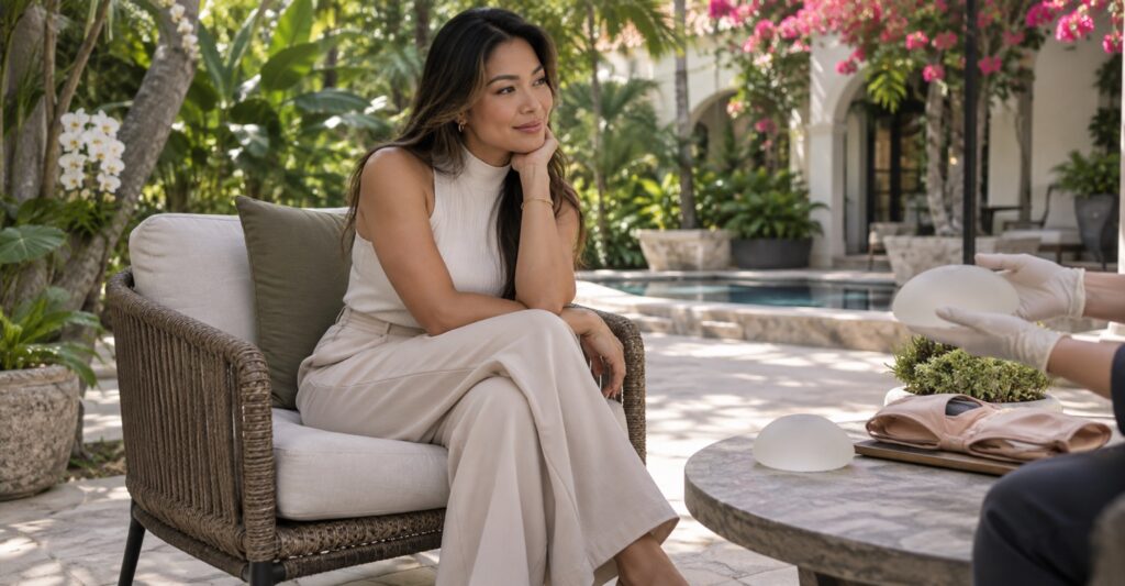 Adult woman considering breast augmentation on a Coral Gables garden patio