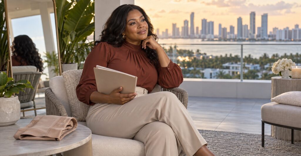 Adult woman discussing the timing of tummy tuck on a Miami rooftop terrace