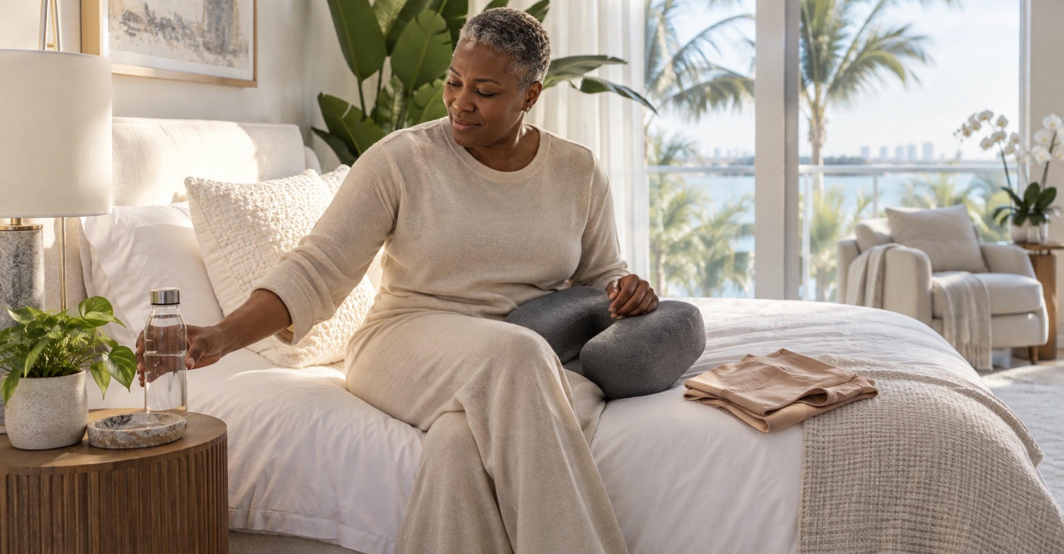 Nonbinary adult preparing for gluteal contouring in a Miami recovery bedroom