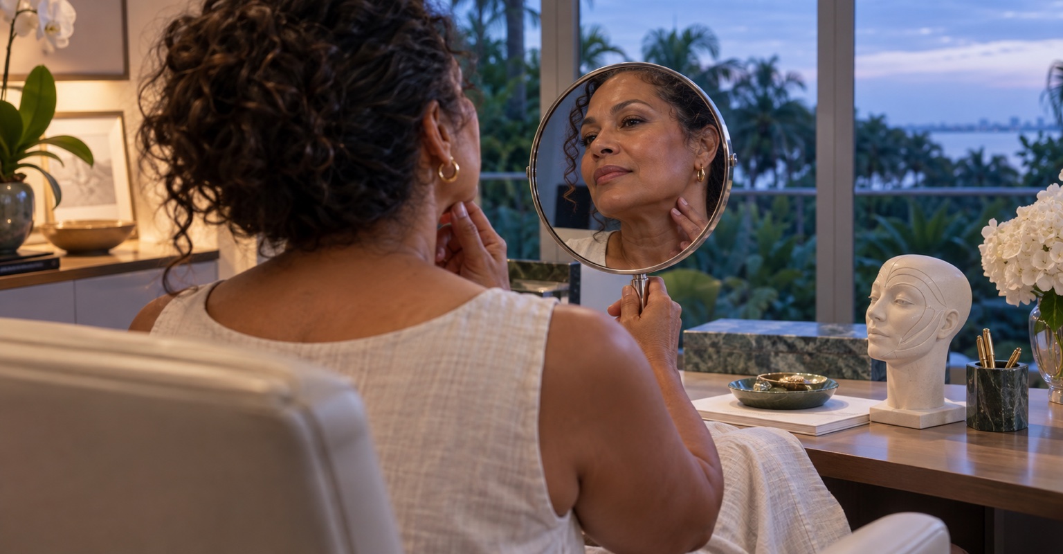 Adult woman preparing for facelift in a Key Biscayne home office
