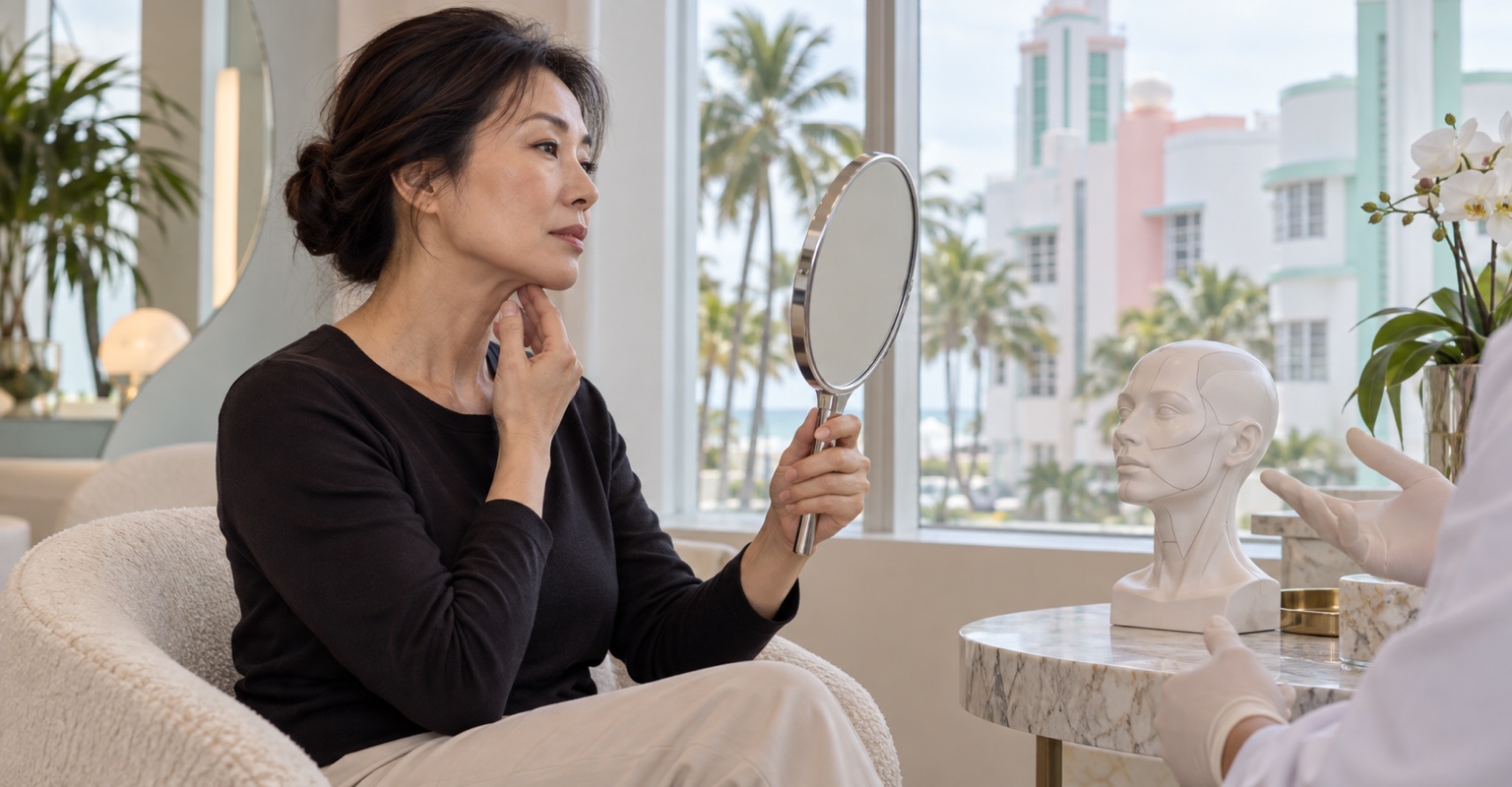 Adult woman considering combined face and neck lift in an Art Deco–inspired Miami room