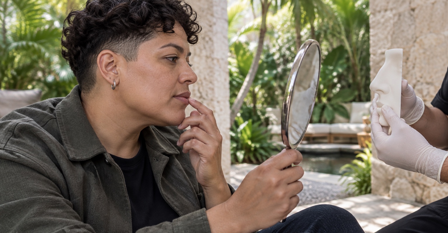 Nonbinary adult learning about rhinoplasty and nasal surgery in a Coconut Grove courtyard