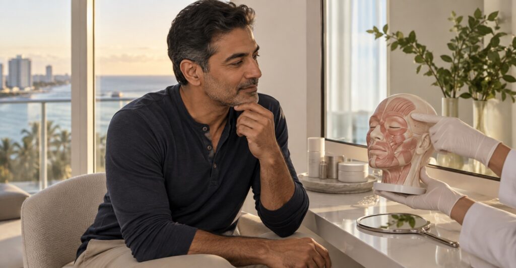 Adult man learning about wrinkle-relaxer treatment in a Miami Beach dressing area