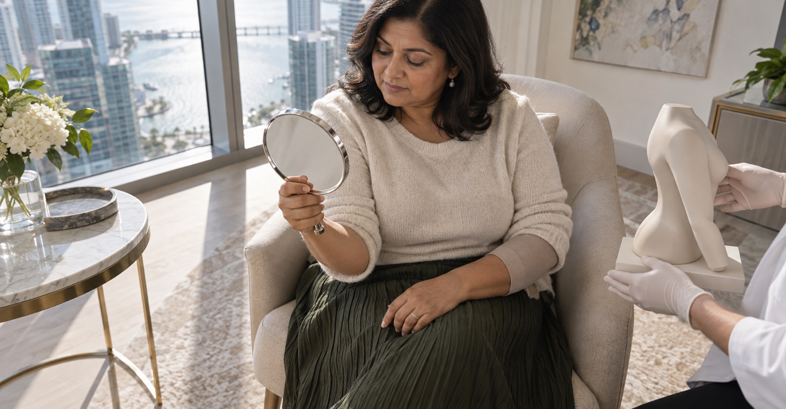 Adult woman learning about arm lift in a Brickell consultation room