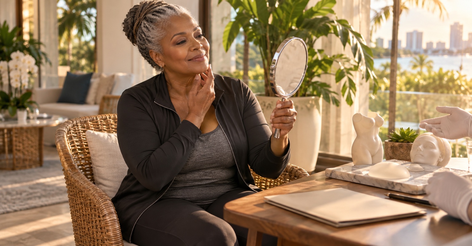 Adult woman considering realistic outcomes for plastic-surgery consultation and procedure planning in a tropical Miami sunroom