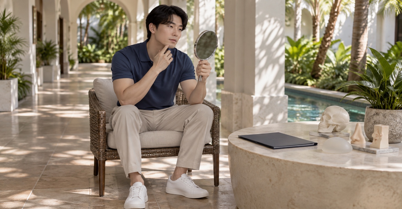 Adult man learning about plastic-surgery consultation and procedure planning on a tropical Miami walkway