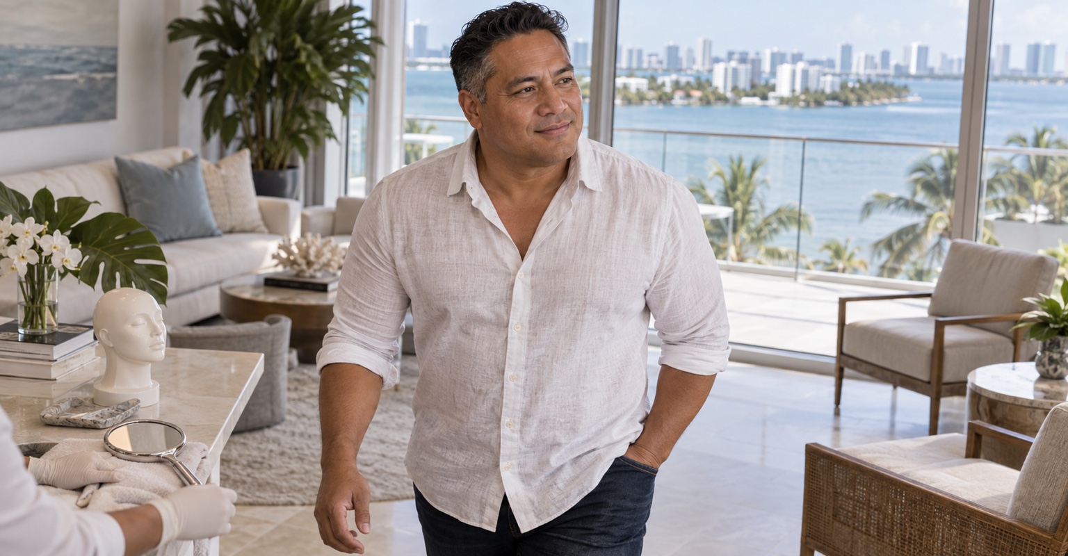 Adult man following a recovery routine after facelift in a Bay Harbor apartment