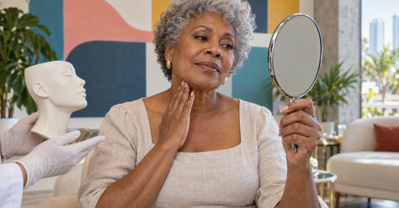 Adult woman learning about neck lift in a Wynwood-style loft