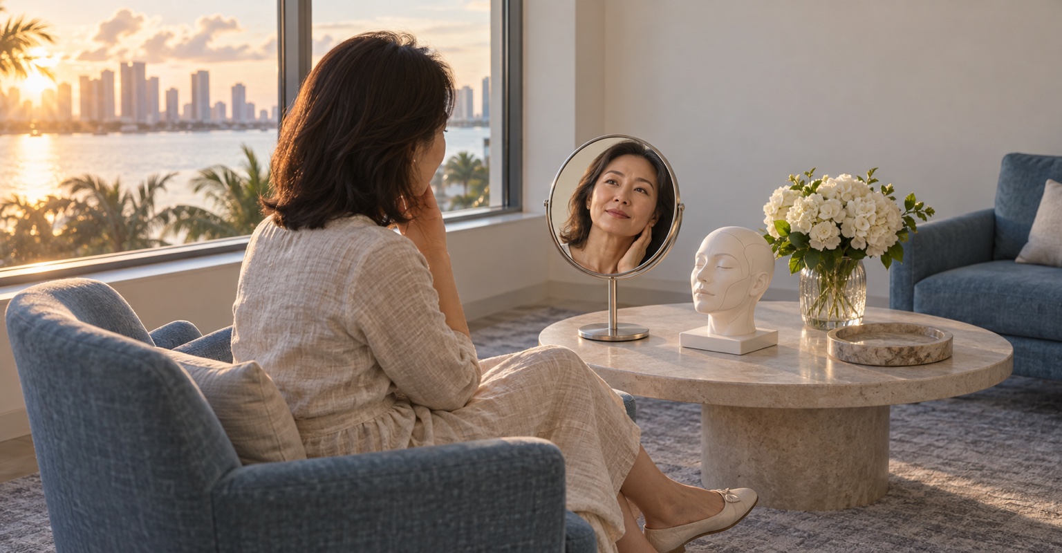 Adult woman considering facelift in a Miami recovery lounge