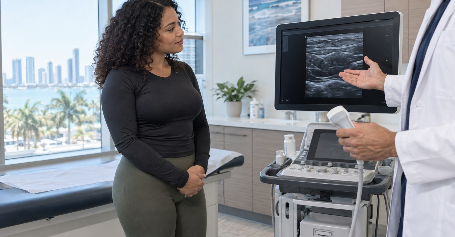 Afro-Latina woman discussing ultrasound-guided BBL safety in Miami