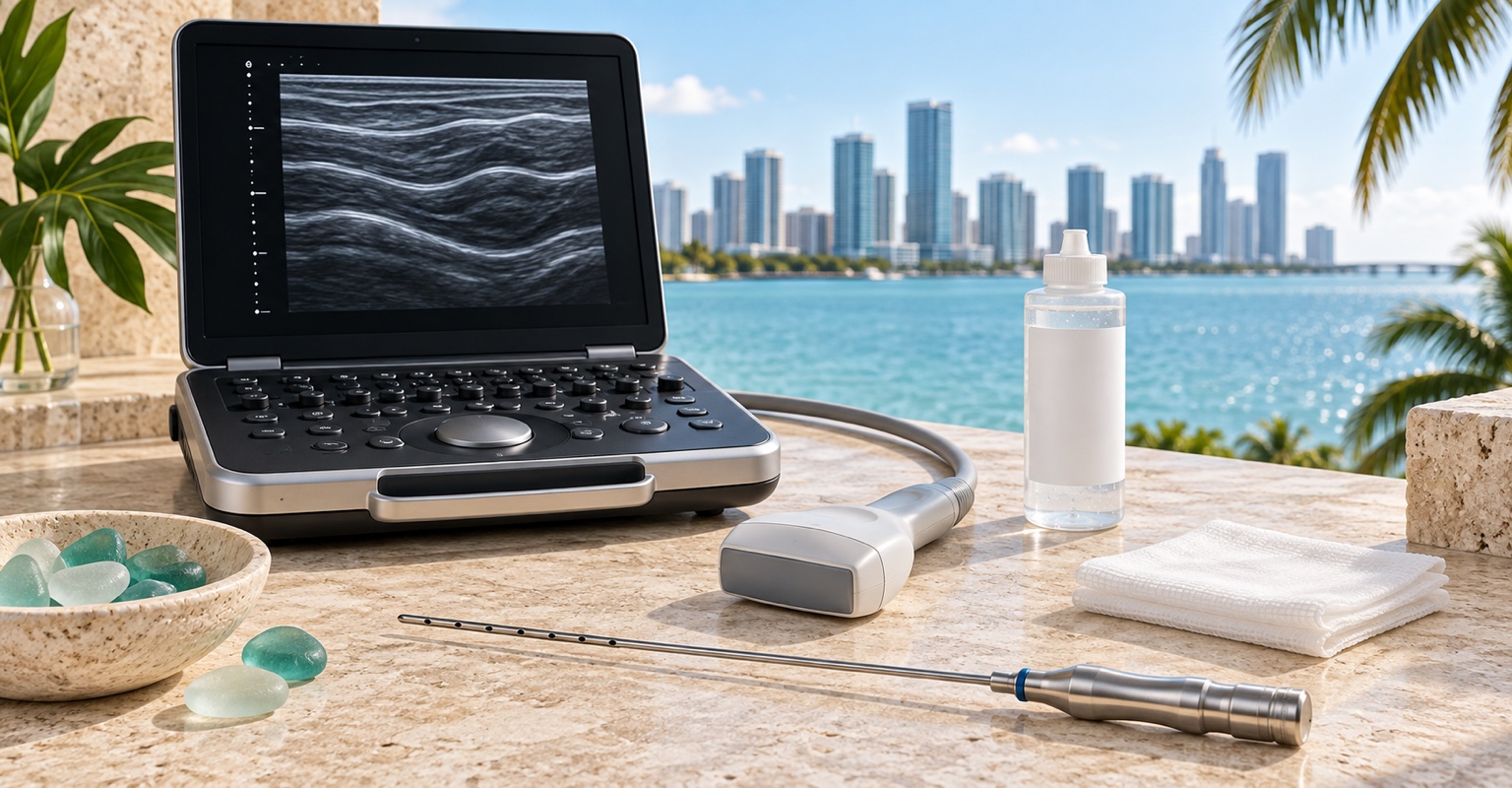 Ultrasound equipment and a sterile cannula beside abstract layered materials